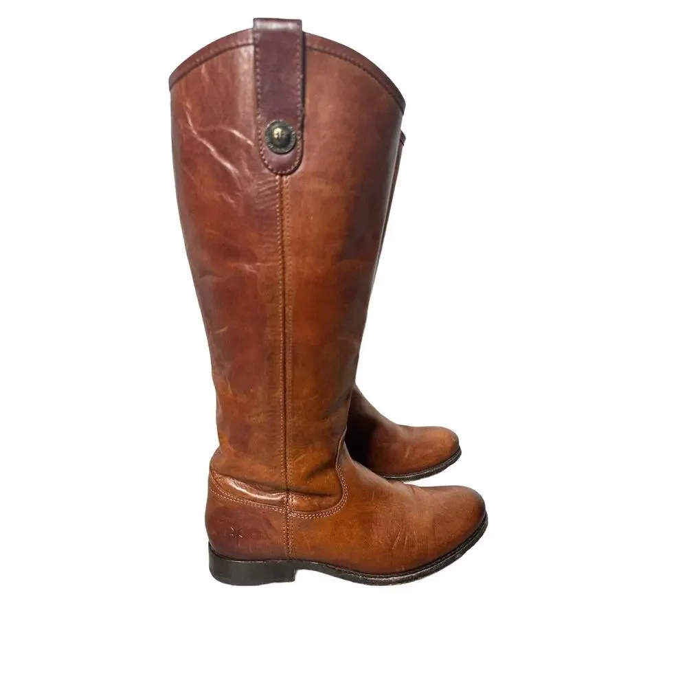 $298 Frye Melissa Button Cognac Riding Boot Brown Women Size 6.5 Tall Leather